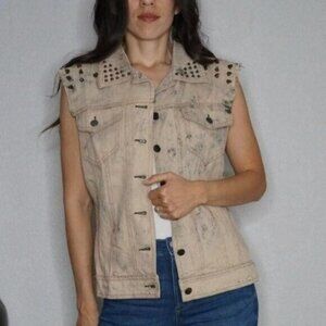Rehab Gray Denim Studded Vest w/ Leopard Print Fabric in Back Tie Dye Size Small